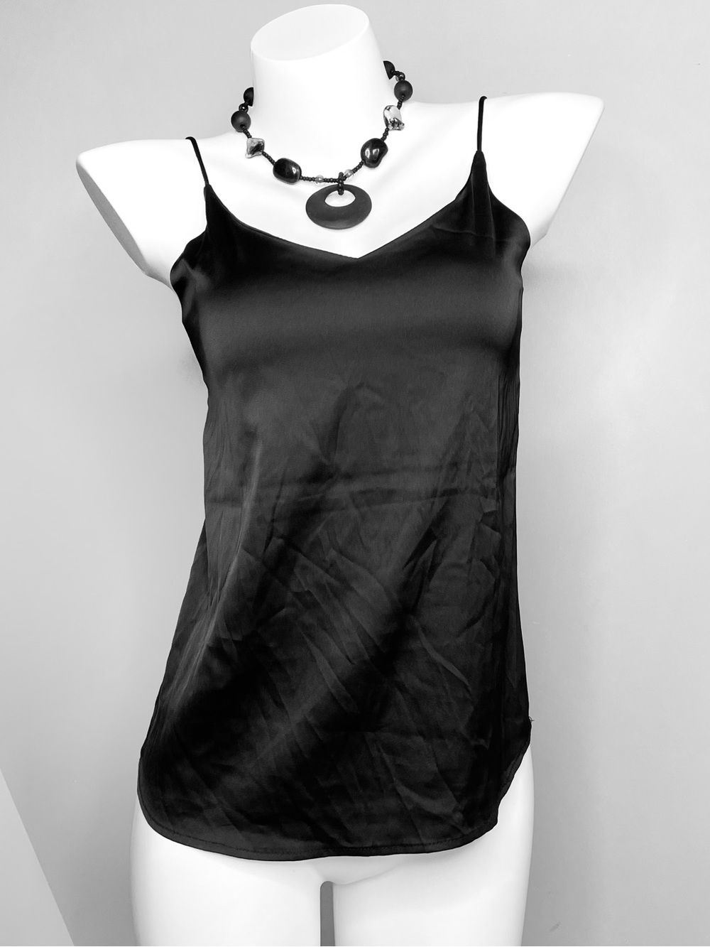 Black Basic Satin V Neck Cami Top